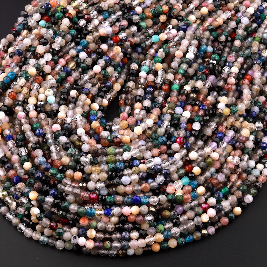 Micro Faceted Multicolor Mixed Gemstone Round Beads 3mm 4mm 5mm Garnet Amazonite Lapis Black Spinel Apatite Labradorite Topaz 15.5" Strand