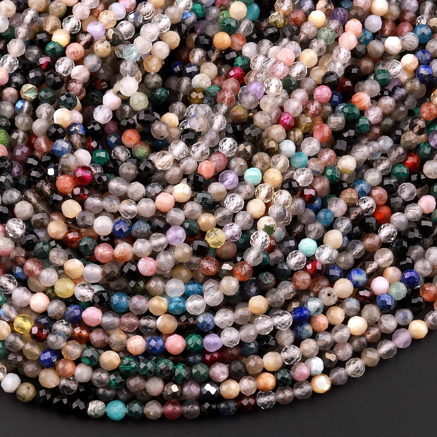 Micro Faceted Multicolor Mixed Gemstone Round Beads 3mm 4mm 5mm Garnet Amazonite Lapis Black Spinel Apatite Labradorite Topaz 15.5" Strand