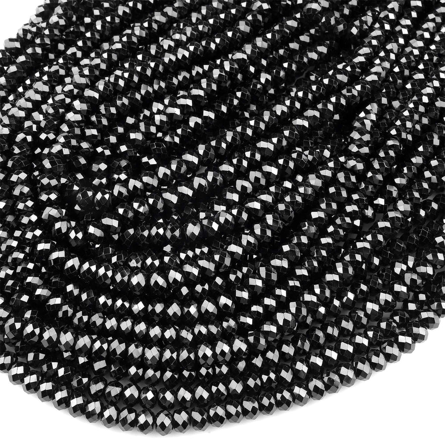 Natural Black Spinel Faceted 3mm 4mm 6mm Rondelle Beads Micro Faceted Laser Diamond Cut 15.5" Strand