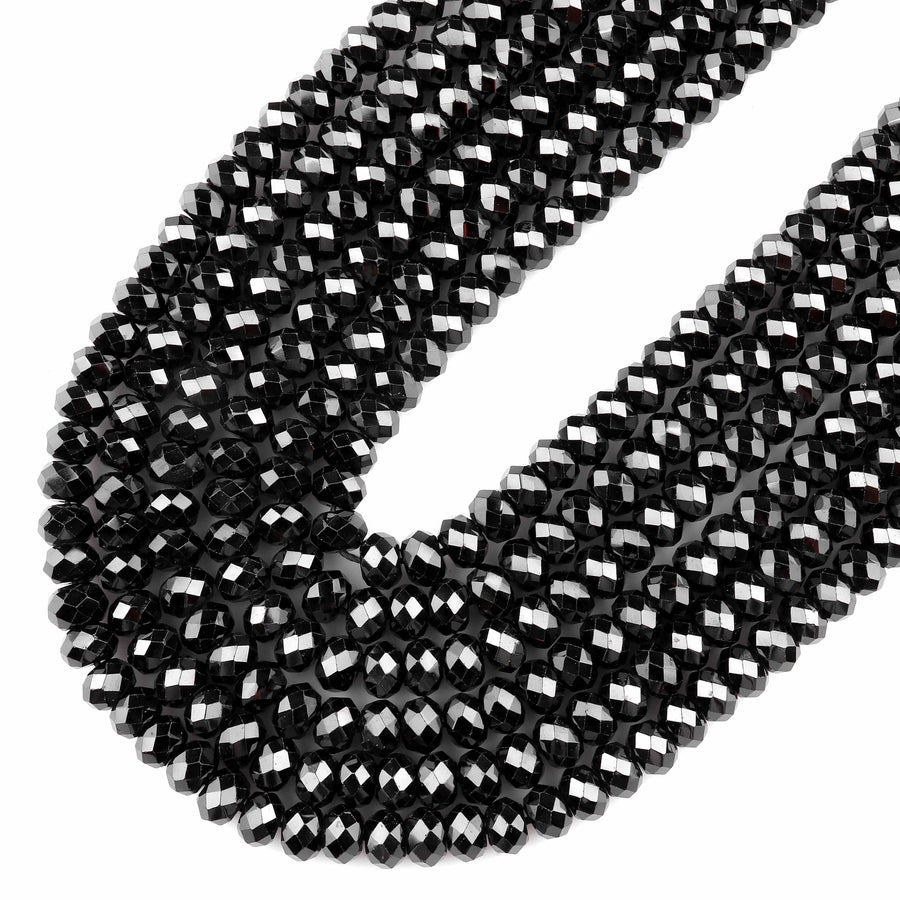 Natural Black Spinel Faceted 3mm 4mm 6mm Rondelle Beads Micro Faceted Laser Diamond Cut 15.5" Strand