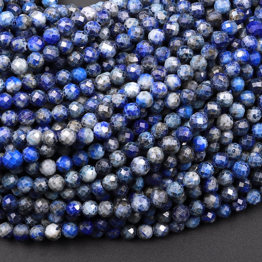 Faceted Natural Denim Blue Lapis Lazuli 4mm Round Beads Diamond Cut Gemstone 15.5" Strand