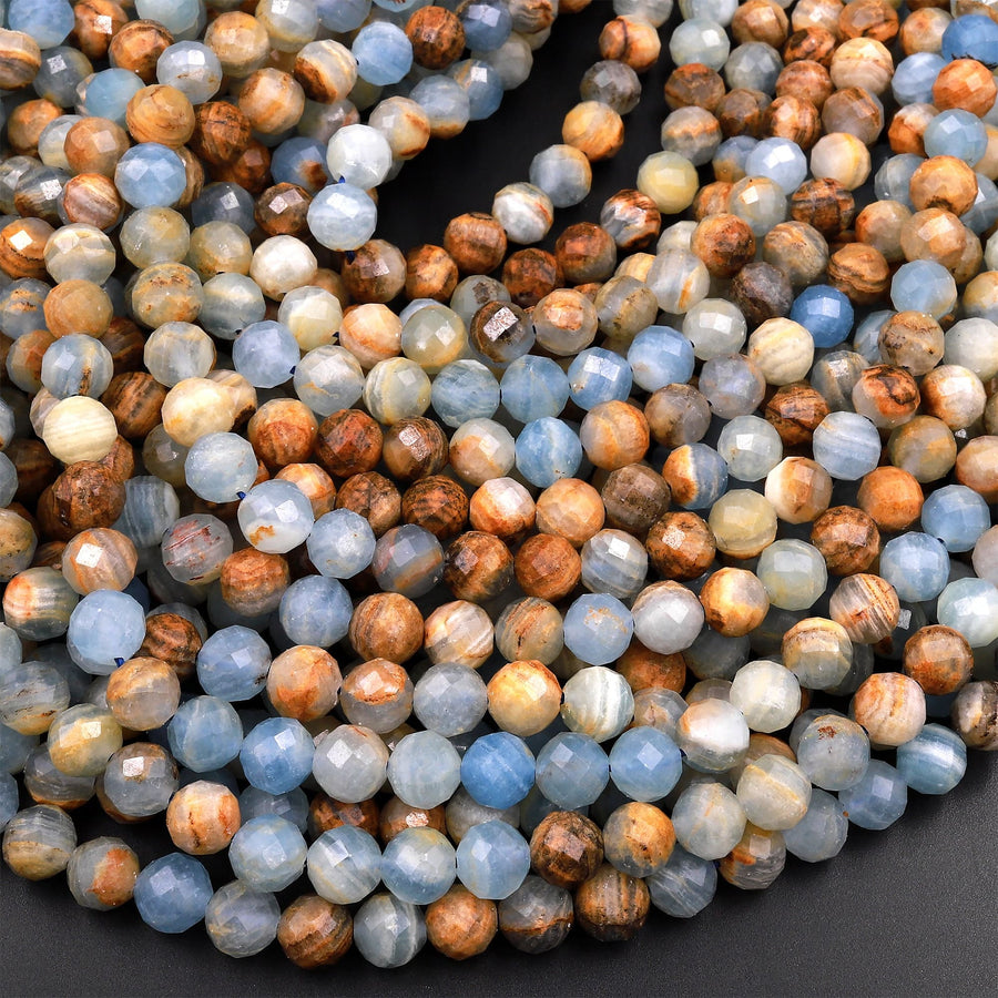 Faceted Natural Argentina Lemurian Aquatine Blue Calcite 6mm 8mm Round Beads 15.5" Strand
