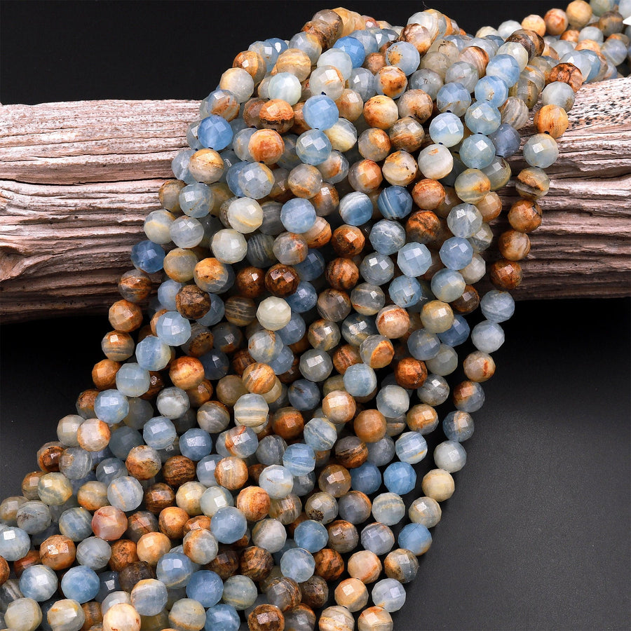 Faceted Natural Argentina Lemurian Aquatine Blue Calcite 6mm 8mm Round Beads 15.5" Strand
