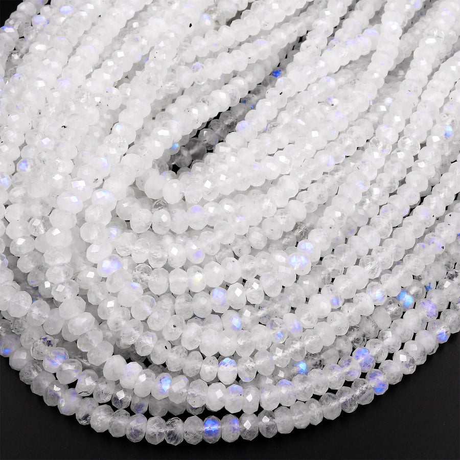 AAA Natural Rainbow Moonstone Faceted Rondelle Beads 3mm 4mm 6mm 8mm 10mm High Quality Blue Flashes 15.5" Strand