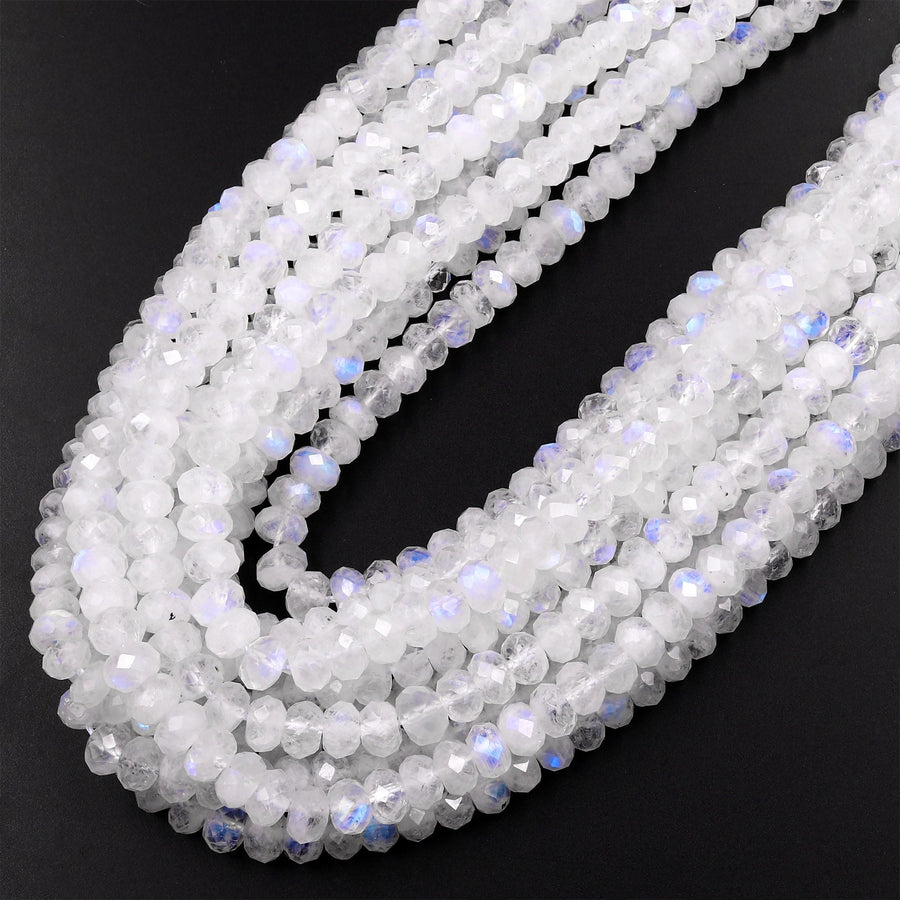 AAA Natural Rainbow Moonstone Faceted Rondelle Beads 3mm 4mm 6mm 8mm 10mm High Quality Blue Flashes 15.5" Strand