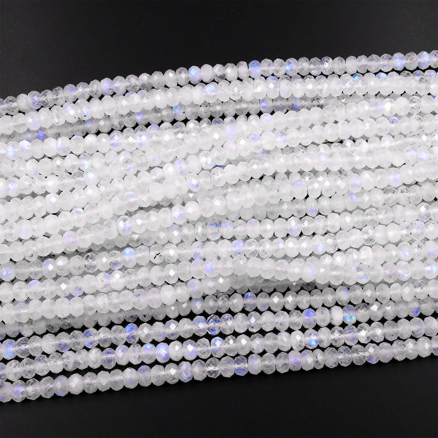 AAA Natural Rainbow Moonstone Faceted Rondelle Beads 3mm 4mm 6mm 8mm 10mm High Quality Blue Flashes 15.5" Strand