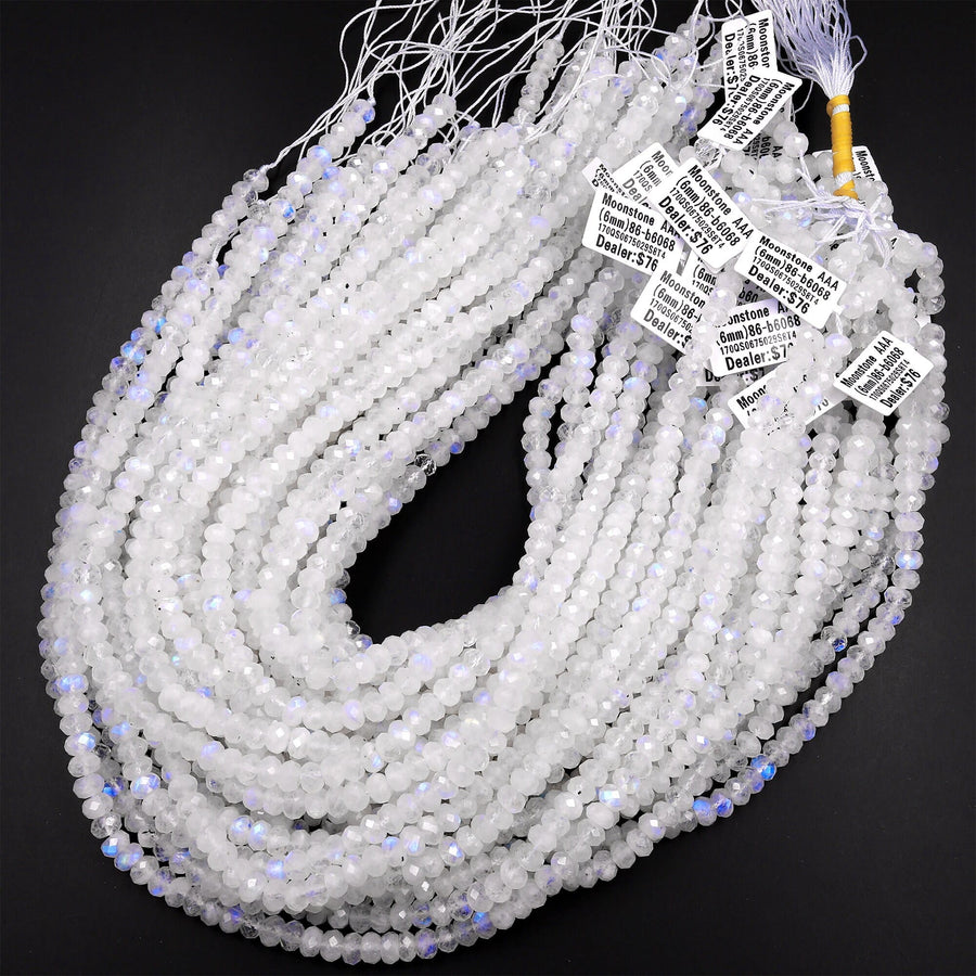 AAA Natural Rainbow Moonstone Faceted Rondelle Beads 3mm 4mm 6mm 8mm 10mm High Quality Blue Flashes 15.5" Strand