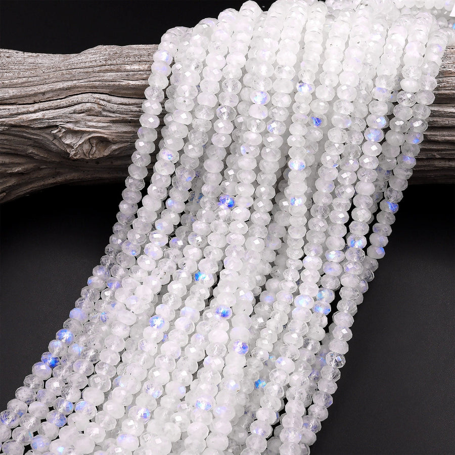 AAA Natural Rainbow Moonstone Faceted Rondelle Beads 3mm 4mm 6mm 8mm 10mm High Quality Blue Flashes 15.5" Strand