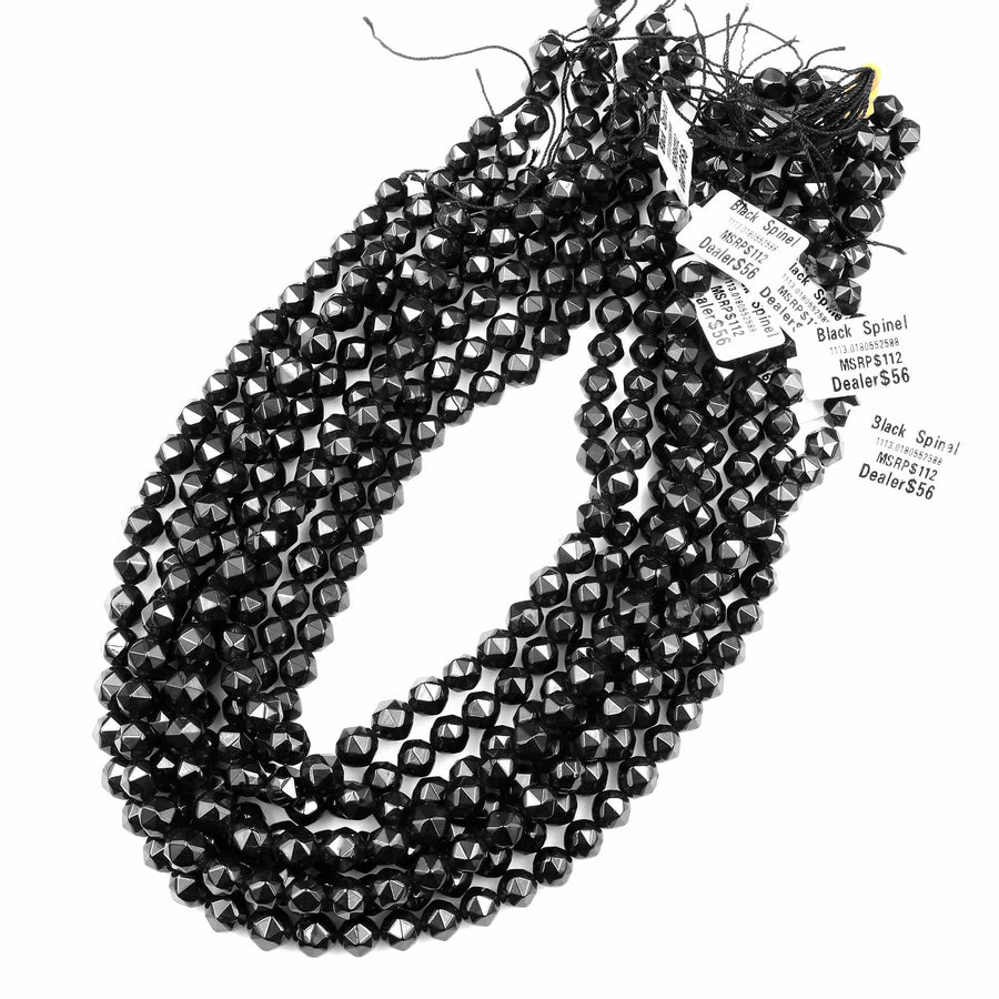 Natural Black Spinel Faceted 5mm 7mm 8mm Round Beads New Double Hearted Star Cut Gemstone 15.5" Strand