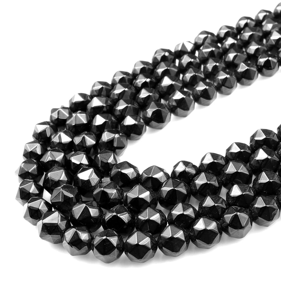 Natural Black Spinel Faceted 5mm 7mm 8mm Round Beads New Double Hearted Star Cut Gemstone 15.5" Strand