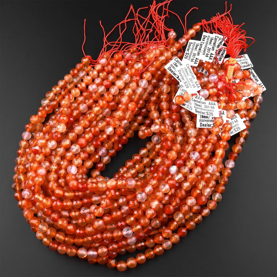 Faceted Natural Red Orange Carnelian 4mm 6mm 8mm 10mm Round Beads Fiery Orange Gemstone 15.5" Strand