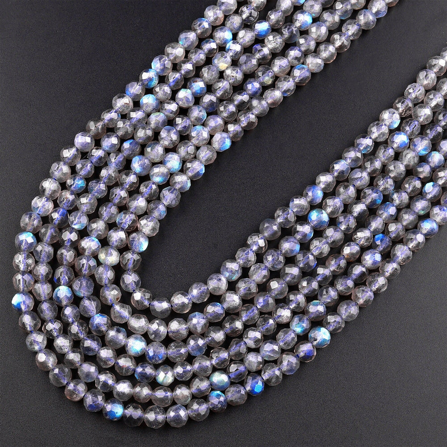 AAA Micro Faceted Labradorite 3mm 4mm 6mm Round Beads Brilliant Flashes 15.5" Strand