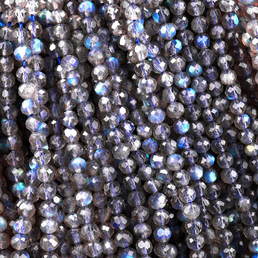 AAA Micro Faceted Labradorite 3mm 4mm 6mm Round Beads Brilliant Flashes 15.5" Strand