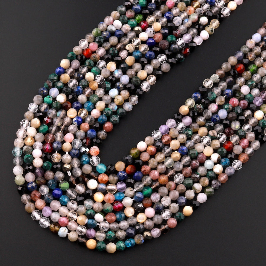 Micro Faceted Multicolor Mixed Gemstone Round Beads 3mm 4mm 5mm Garnet Amazonite Lapis Black Spinel Apatite Labradorite Topaz 15.5" Strand