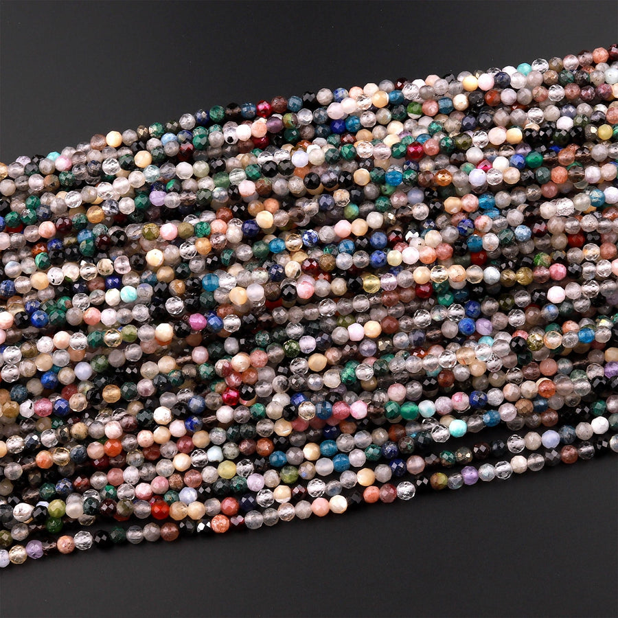Micro Faceted Multicolor Mixed Gemstone Round Beads 3mm 4mm 5mm Garnet Amazonite Lapis Black Spinel Apatite Labradorite Topaz 15.5" Strand