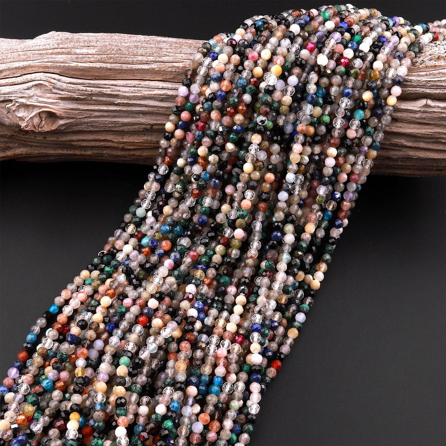 Micro Faceted Multicolor Mixed Gemstone Round Beads 3mm 4mm 5mm Garnet Amazonite Lapis Black Spinel Apatite Labradorite Topaz 15.5" Strand