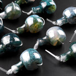 Large Green Moss Agate Guru 12mm Beads 3 Holes T-Beads Set For Mala Making