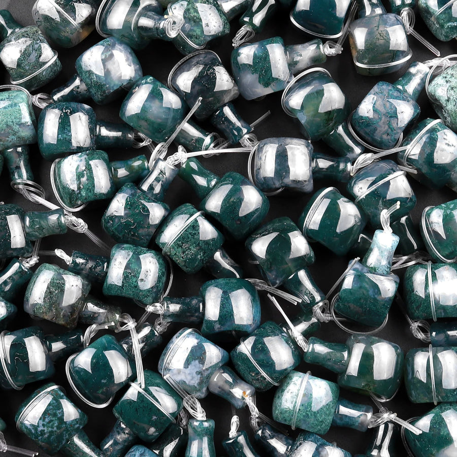 Large Green Moss Agate Guru 12mm Beads 3 Holes T-Beads Set For Mala Making