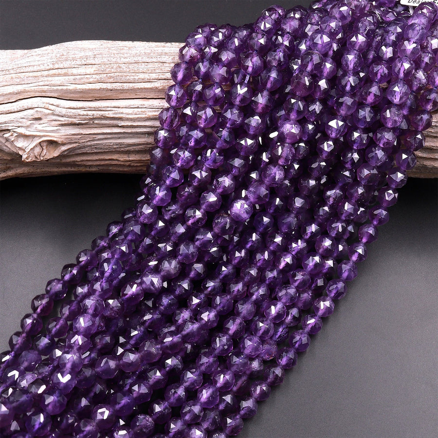 AAA Natural Amethyst Double Hearted Star Cut Faceted 6mm 8mm 10mm Rounded Beads 15.5" Strand