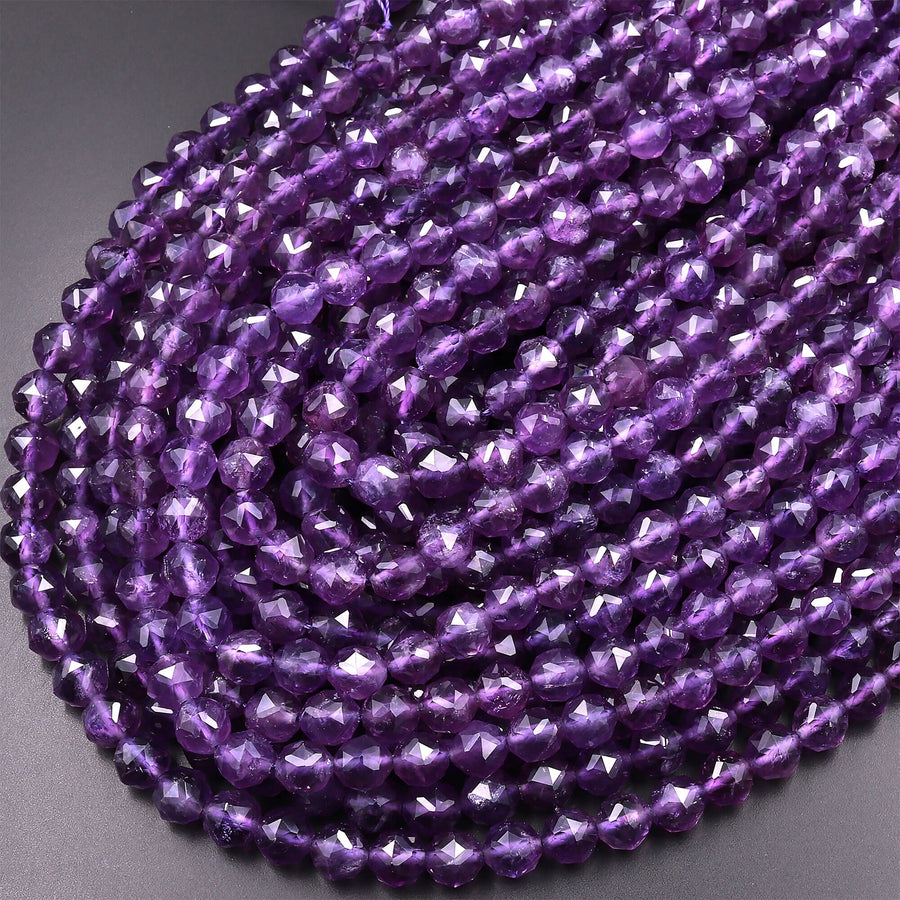 AAA Natural Amethyst Double Hearted Star Cut Faceted 6mm 8mm 10mm Rounded Beads 15.5" Strand