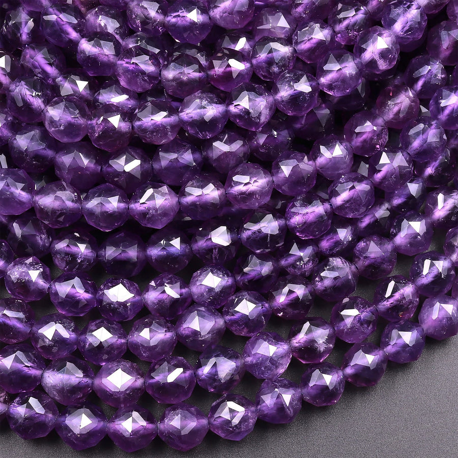 AAA Natural Amethyst Double Hearted Star Cut Faceted 6mm 8mm 10mm Rounded Beads 15.5" Strand