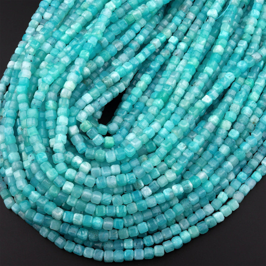 AAA Natural Peruvian Blue Amazonite Faceted 4mm Cube Square Beads Translucent Gemstone 15.5" Strand