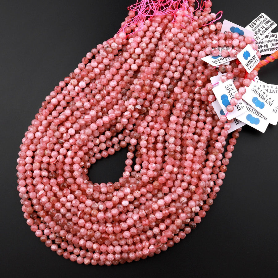 AA Natural Rhodochrosite 3mm 4mm 5mm Faceted Round Beads Micro Laser Diamond Cut Genuine Red Pink Gemstone 15.5" Strand