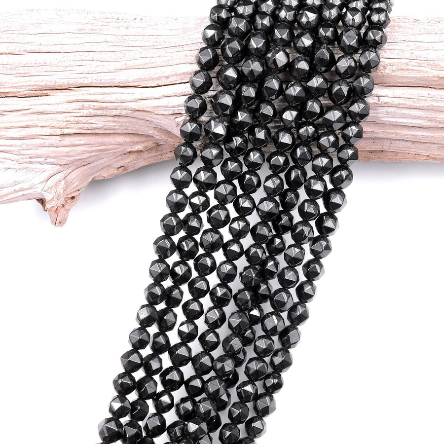 Natural Black Spinel Faceted 5mm 7mm 8mm Round Beads New Double Hearted Star Cut Gemstone 15.5" Strand