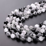 Black Tourmaline Rutilated Rutile Quartz 6mm 8mm Beads Faceted Rounded Prism Double Terminated Points 15.5" Strand