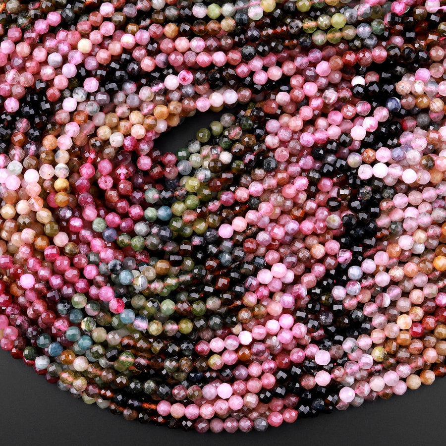 Micro Faceted Natural Multicolor Tourmaline Round Beads 3mm 4mm Pink Green Blue Cognac Gradient Shades 15.5" Strand