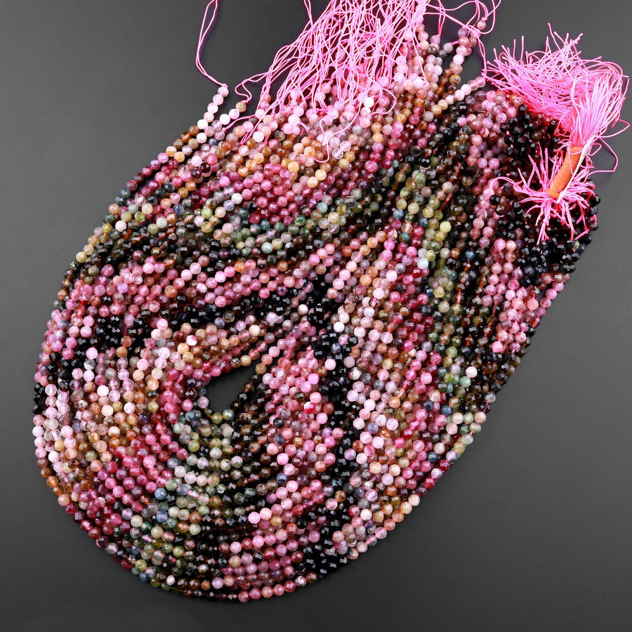 Micro Faceted Natural Multicolor Tourmaline Round Beads 3mm 4mm Pink Green Blue Cognac Gradient Shades 15.5" Strand