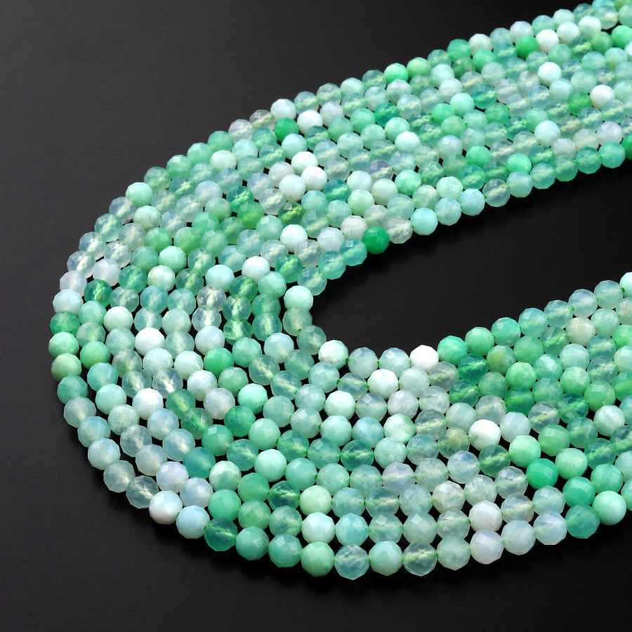 Micro Faceted Natural Australian Green Chrysoprase Faceted Round 2mm 4mm 5mm Beads Diamond Cut Gemstone Beads 15.5" Strand