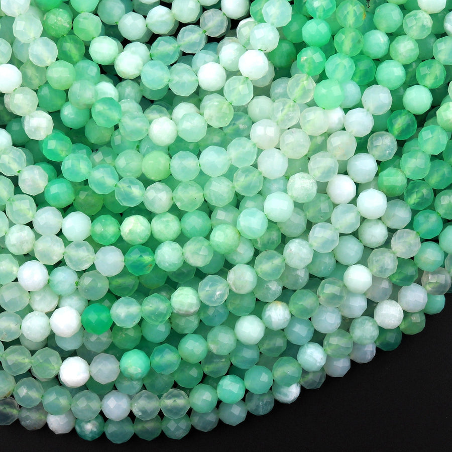 Micro Faceted Natural Australian Green Chrysoprase Faceted Round 2mm 4mm 5mm Beads Diamond Cut Gemstone Beads 15.5" Strand