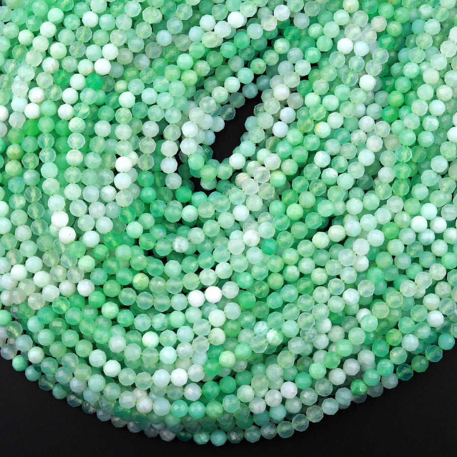 Micro Faceted Natural Australian Green Chrysoprase Faceted Round 2mm 4mm 5mm Beads Diamond Cut Gemstone Beads 15.5" Strand