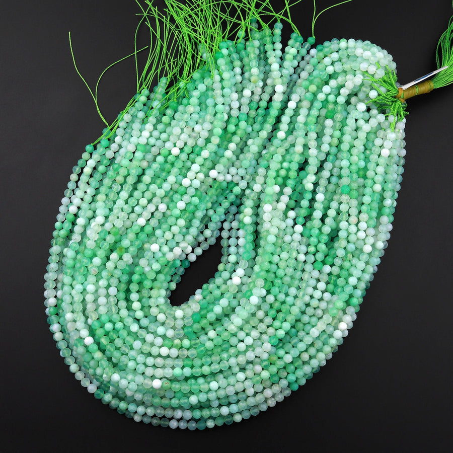 Micro Faceted Natural Australian Green Chrysoprase Faceted Round 2mm 4mm 5mm Beads Diamond Cut Gemstone Beads 15.5" Strand