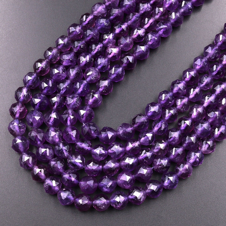 AAA Natural Amethyst Double Hearted Star Cut Faceted 6mm 8mm 10mm Rounded Beads 15.5" Strand