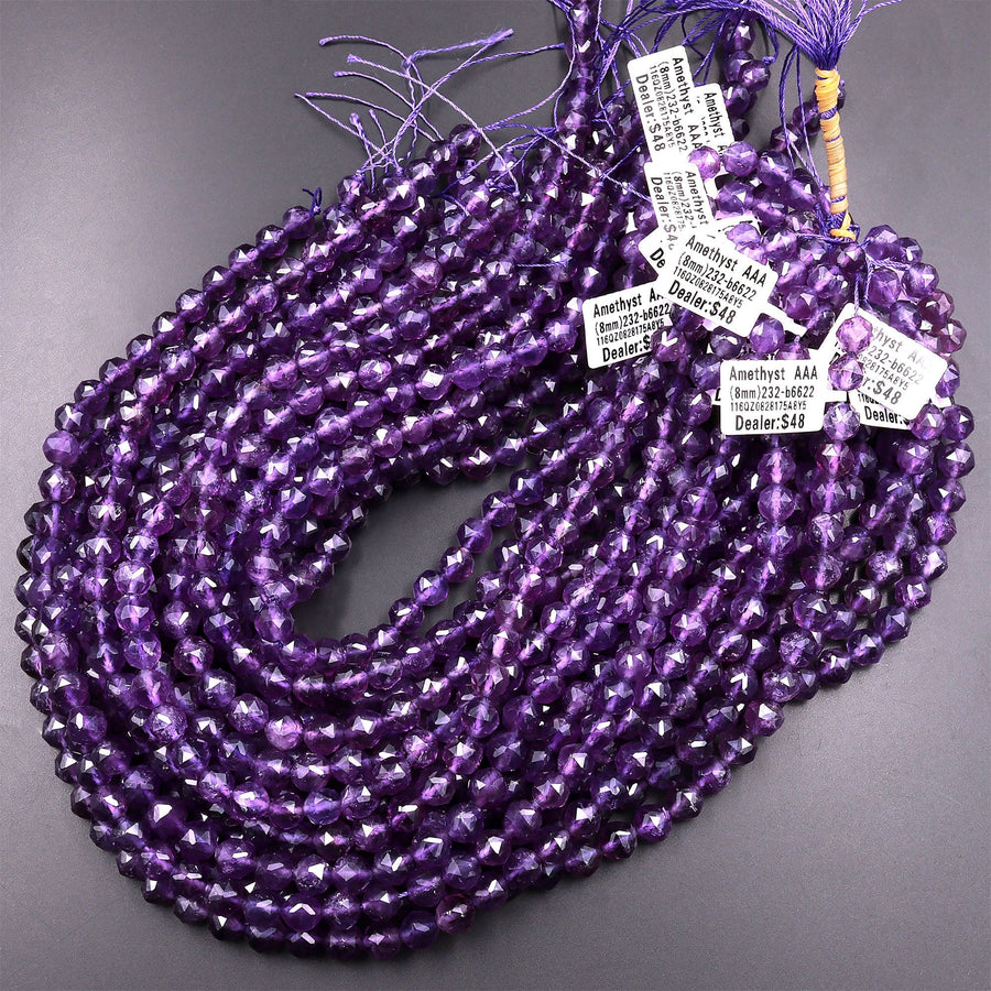 AAA Natural Amethyst Double Hearted Star Cut Faceted 6mm 8mm 10mm Rounded Beads 15.5" Strand