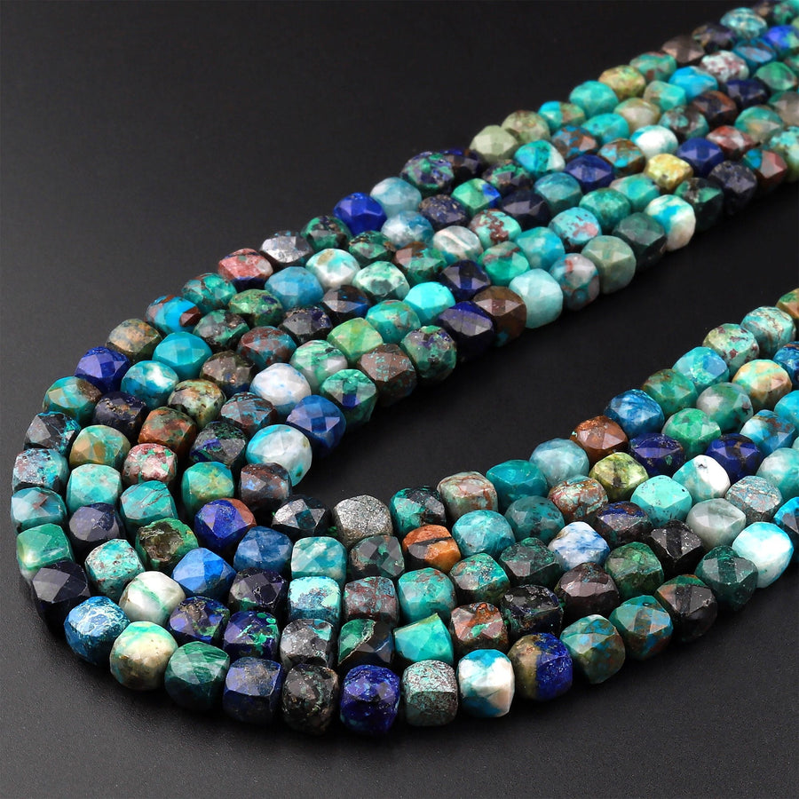Natural Chrysocolla Azurite Faceted 4mm 5mm Cube Dice Square Beads Micro Faceted Laser Diamond Cut 15.5" Strand