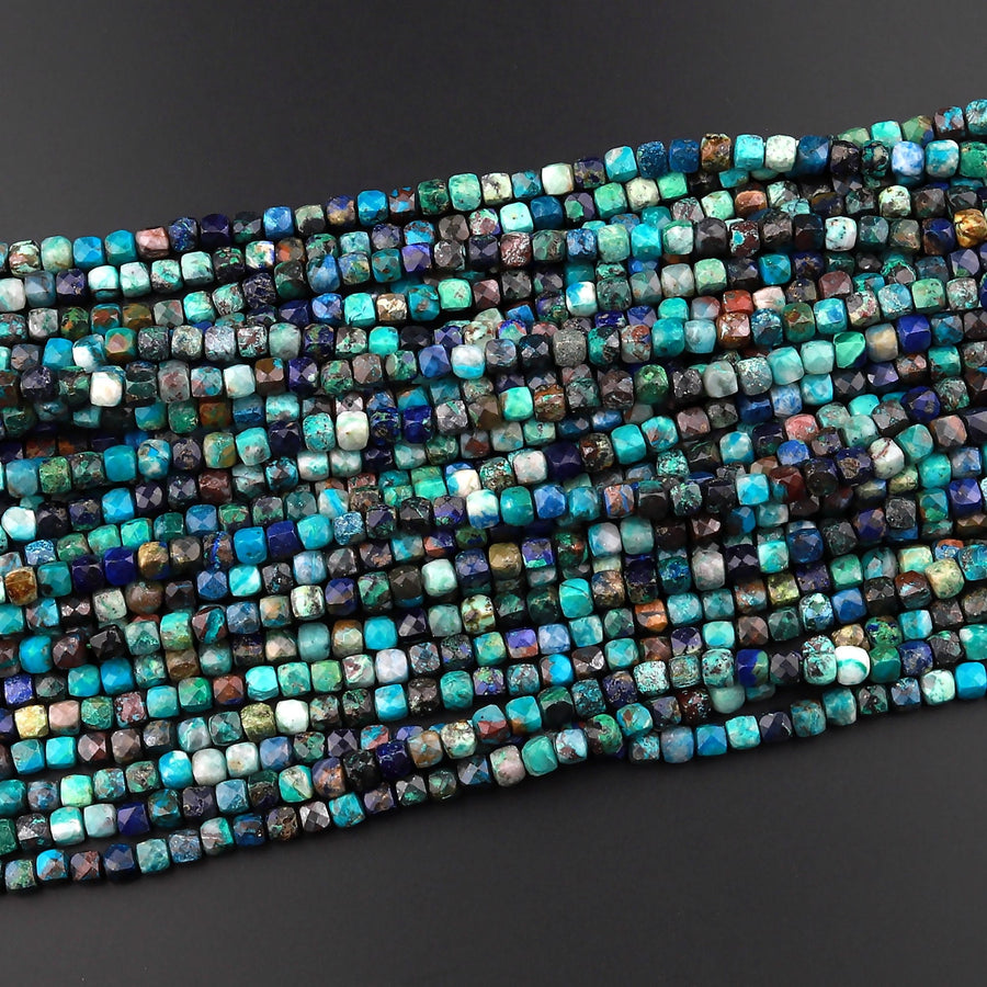 Natural Chrysocolla Azurite Faceted 4mm 5mm Cube Dice Square Beads Micro Faceted Laser Diamond Cut 15.5" Strand