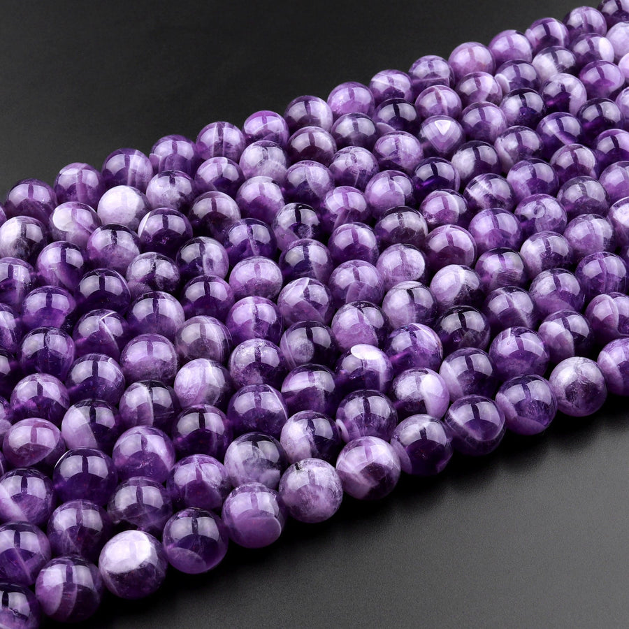 Natural Cape Amethyst Beads 4mm 6mm 8mm 10mm 12mm Round Beads White Stripes 15.5" Strand