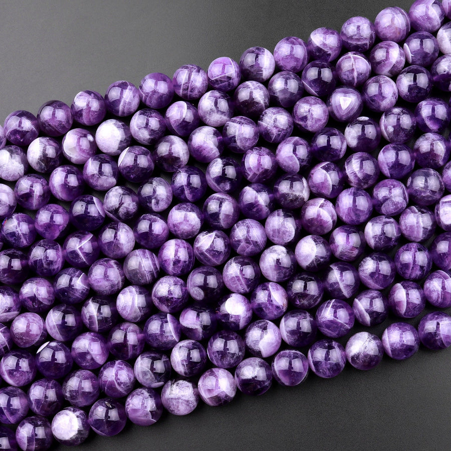 Natural Cape Amethyst Beads 4mm 6mm 8mm 10mm 12mm Round Beads White Stripes 15.5" Strand