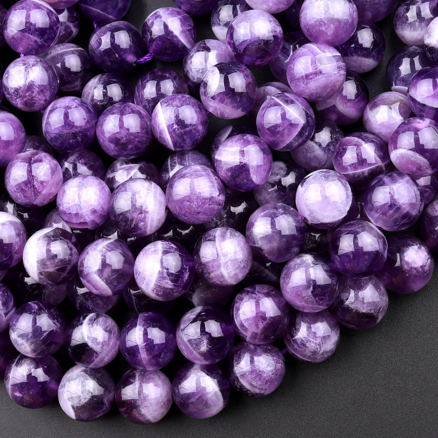 Natural Cape Amethyst Beads 4mm 6mm 8mm 10mm 12mm Round Beads White Stripes 15.5" Strand