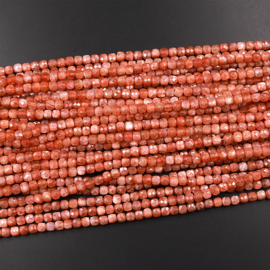 AAA Natural Sunstone Micro Faceted 5mm Cube Dice Square Beads 15.5" Strand