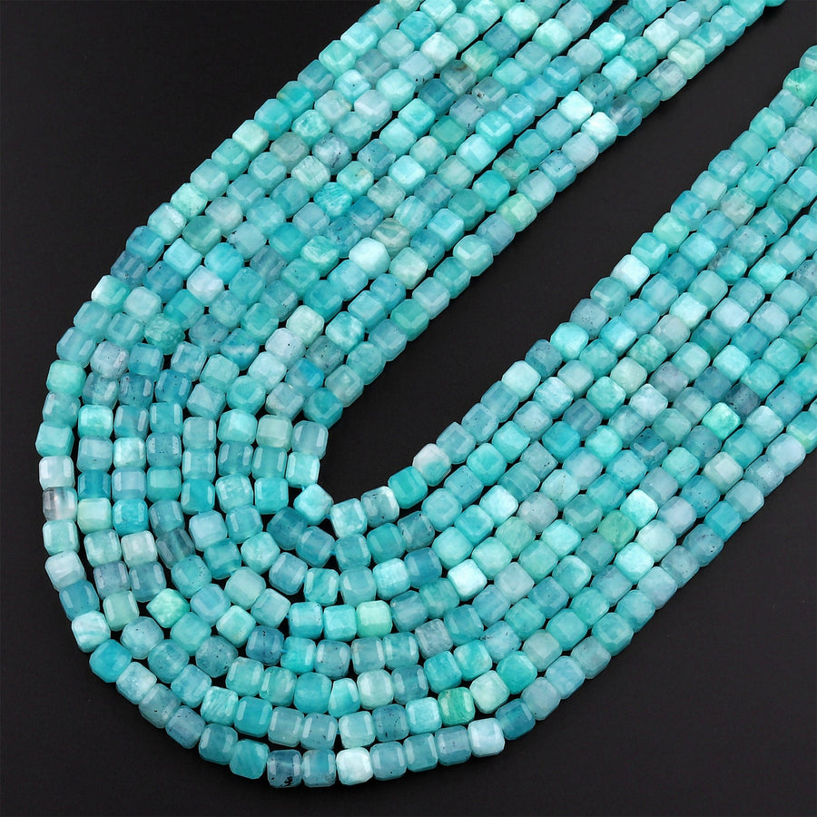 AAA Natural Peruvian Blue Amazonite Faceted 4mm Cube Square Beads Translucent Gemstone 15.5" Strand