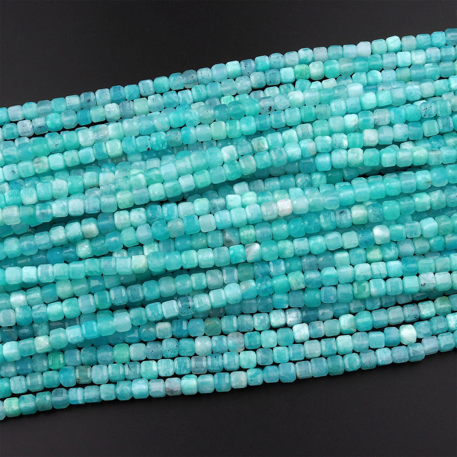 AAA Natural Peruvian Blue Amazonite Faceted 4mm Cube Square Beads Translucent Gemstone 15.5" Strand