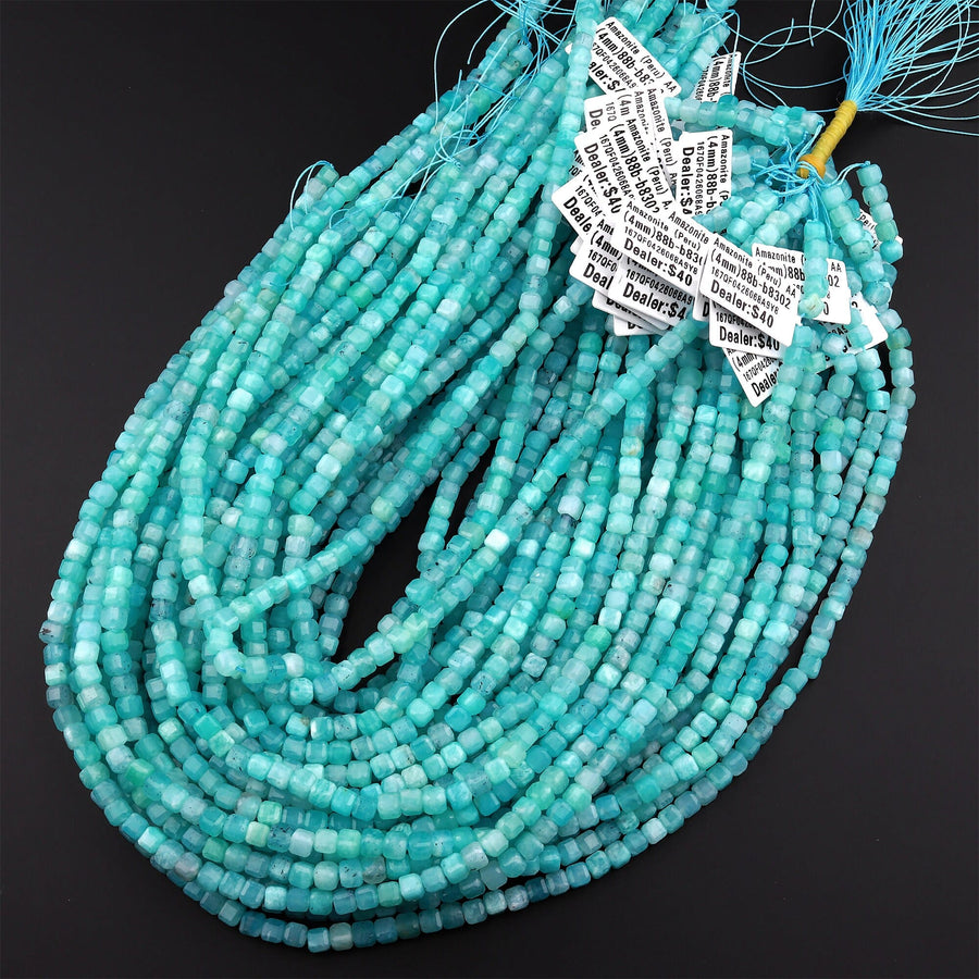 AAA Natural Peruvian Blue Amazonite Faceted 4mm Cube Square Beads Translucent Gemstone 15.5" Strand
