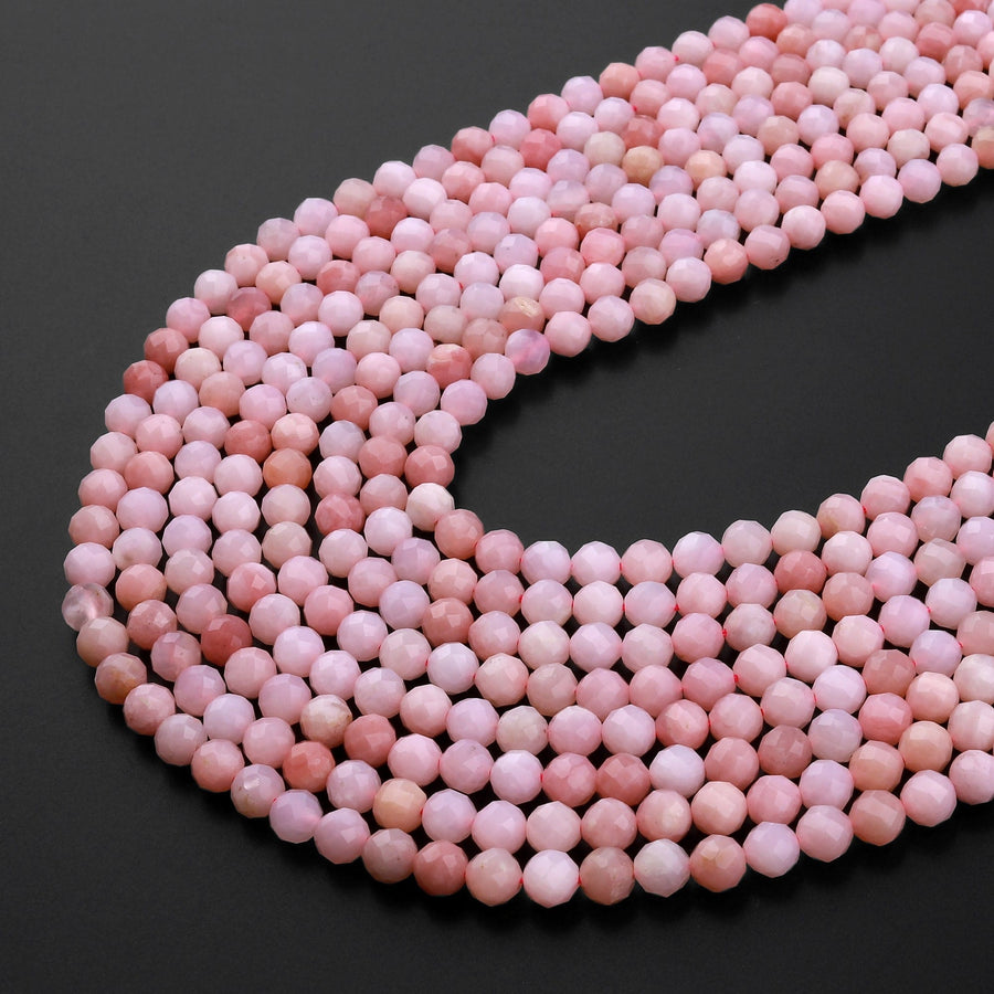 AAA Quality Micro Faceted Natural Peruvian Pink Opal 2mm 3mm 4mm 5mm 6mm 8mm Faceted Round Laser Diamond Cut Pink Gemstone 15.5" Strand