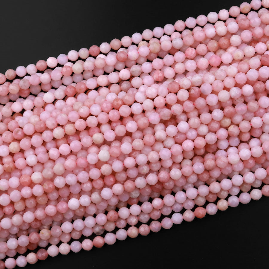 AAA Quality Micro Faceted Natural Peruvian Pink Opal 2mm 3mm 4mm 5mm 6mm 8mm Faceted Round Laser Diamond Cut Pink Gemstone 15.5" Strand