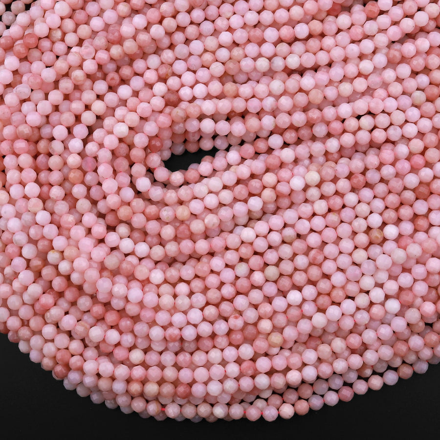 AAA Quality Micro Faceted Natural Peruvian Pink Opal 2mm 3mm 4mm 5mm 6mm 8mm Faceted Round Laser Diamond Cut Pink Gemstone 15.5" Strand