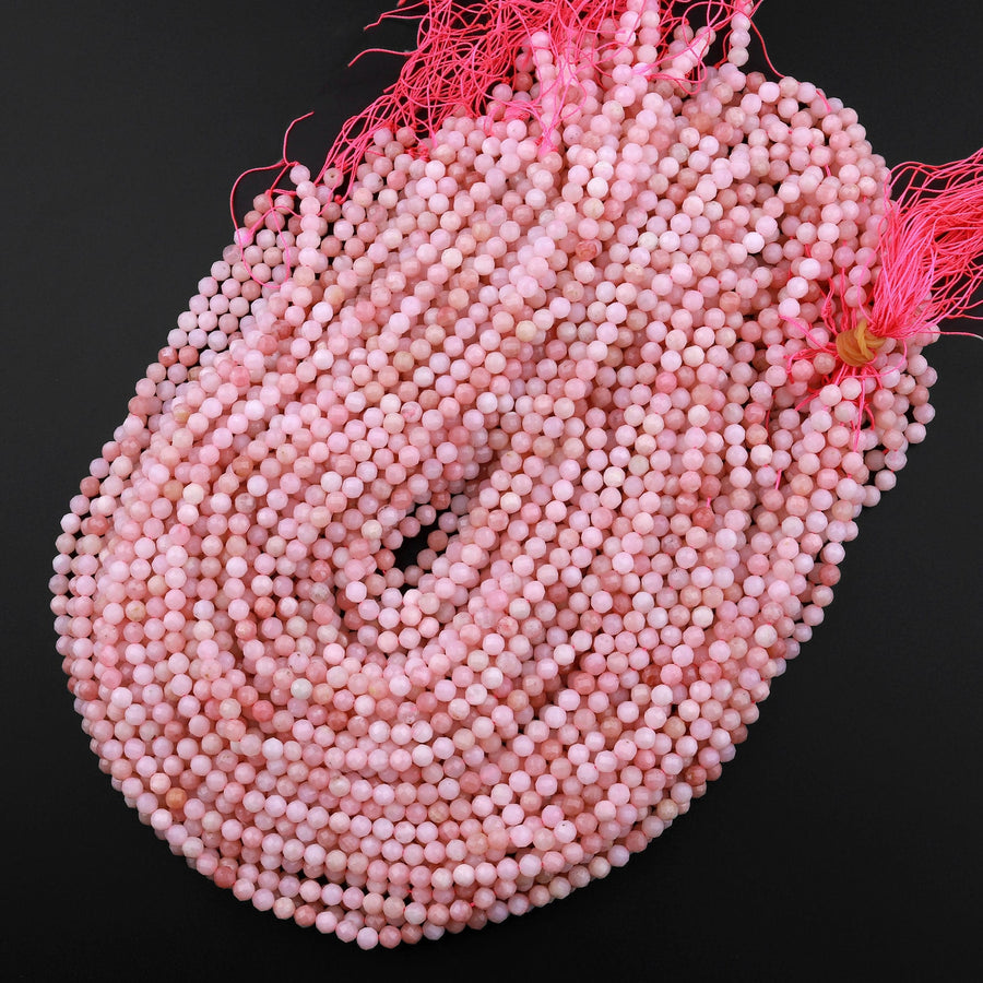 AAA Quality Micro Faceted Natural Peruvian Pink Opal 2mm 3mm 4mm 5mm 6mm 8mm Faceted Round Laser Diamond Cut Pink Gemstone 15.5" Strand